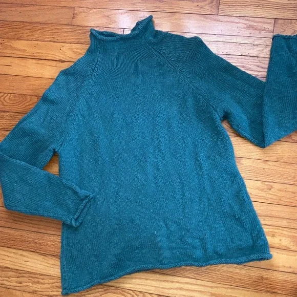 LL Bean green funnel roll neck cotton ragg pullover sweater - Picture 3 of 7